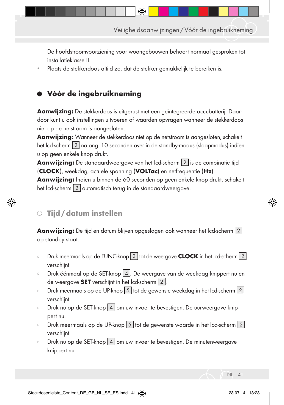 Vóór de ingebruikneming, Tijd / datum instellen | Brennenstuhl Eco-Line extension socket energy meter EM 235 5-way white 1,5m H05VV-F 3G1.5 User Manual | Page 41 / 83