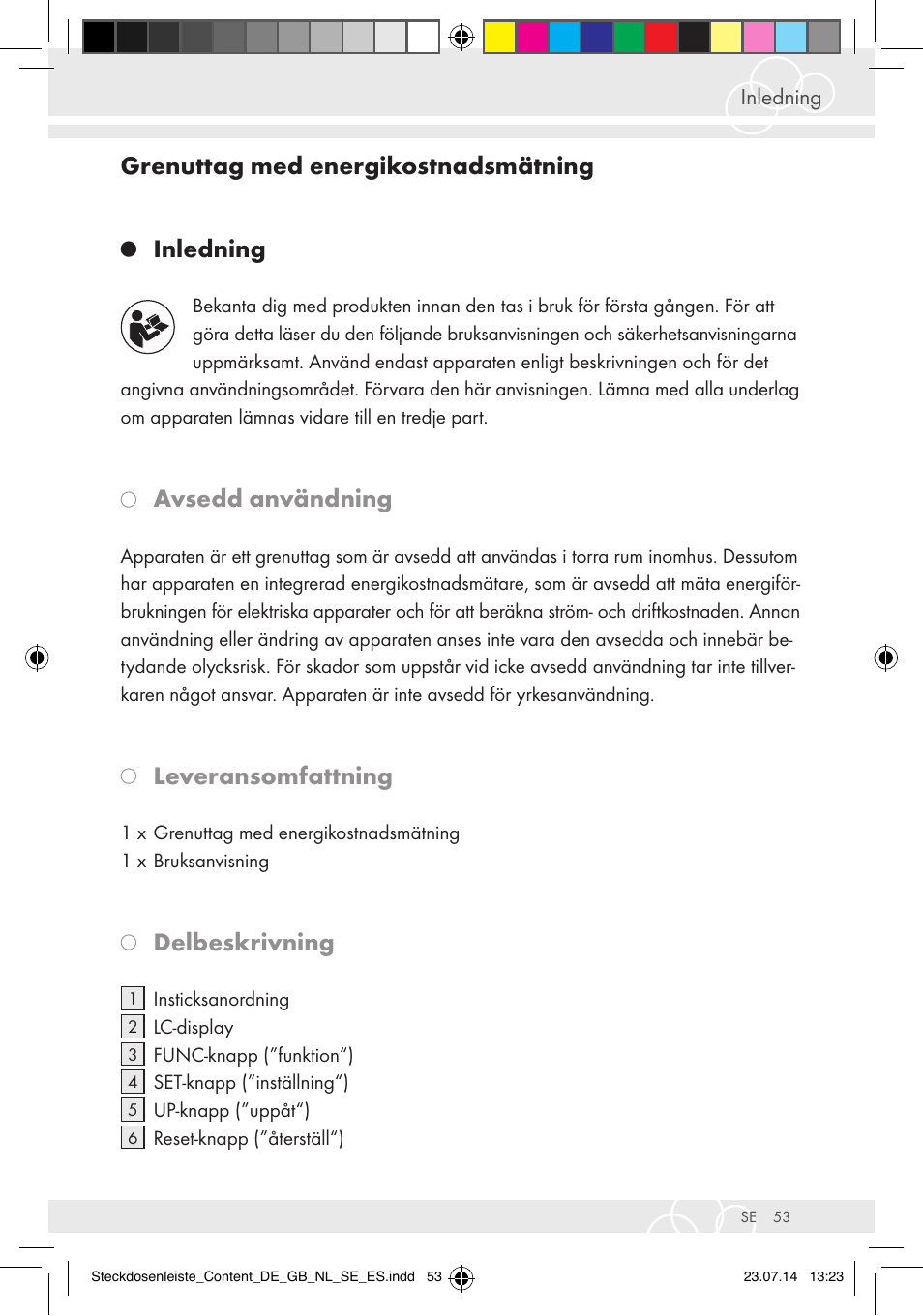 Grenuttag med energikostnadsmätning, Inledning, Avsedd användning | Leveransomfattning, Delbeskrivning | Brennenstuhl Eco-Line extension socket energy meter EM 235 5-way white 1,5m H05VV-F 3G1.5 User Manual | Page 53 / 83