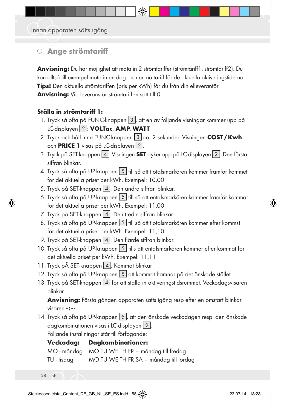 Ange strömtariff | Brennenstuhl Eco-Line extension socket energy meter EM 235 5-way white 1,5m H05VV-F 3G1.5 User Manual | Page 58 / 83