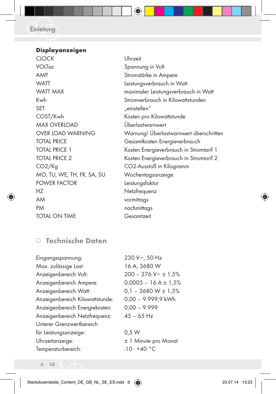 Technische daten | Brennenstuhl Eco-Line extension socket energy meter EM 235 5-way white 1,5m H05VV-F 3G1.5 User Manual | Page 6 / 83