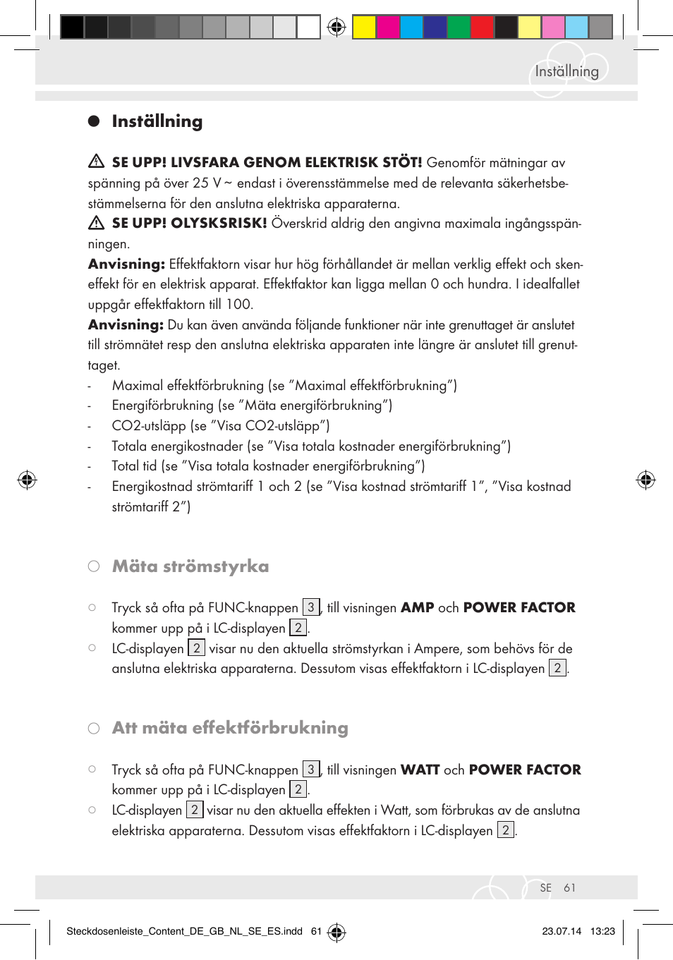 Inställning, Mäta strömstyrka, Att mäta effektförbrukning | Brennenstuhl Eco-Line extension socket energy meter EM 235 5-way white 1,5m H05VV-F 3G1.5 User Manual | Page 61 / 83