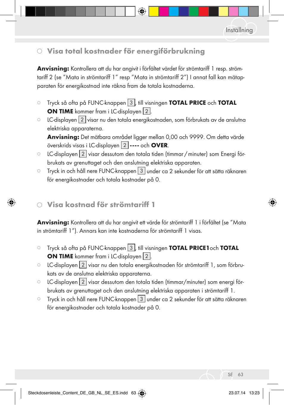 Visa total kostnader för energiförbrukning, Visa kostnad för strömtariff 1 | Brennenstuhl Eco-Line extension socket energy meter EM 235 5-way white 1,5m H05VV-F 3G1.5 User Manual | Page 63 / 83