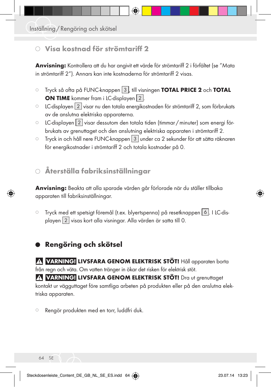 Visa kostnad för strömtariff 2, Återställa fabriksinställningar, Rengöring och skötsel | Brennenstuhl Eco-Line extension socket energy meter EM 235 5-way white 1,5m H05VV-F 3G1.5 User Manual | Page 64 / 83