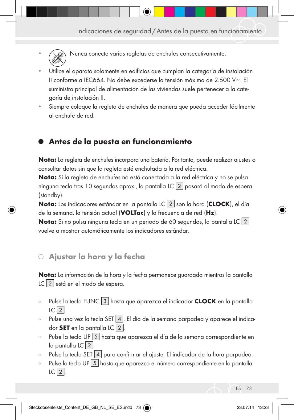 Antes de la puesta en funcionamiento, Ajustar la hora y la fecha | Brennenstuhl Eco-Line extension socket energy meter EM 235 5-way white 1,5m H05VV-F 3G1.5 User Manual | Page 73 / 83