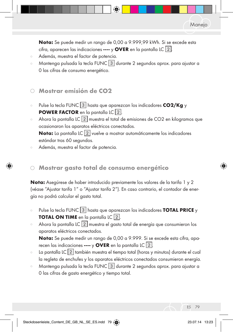 Mostrar emisión de co2, Mostrar gasto total de consumo energético, Manejo | Brennenstuhl Eco-Line extension socket energy meter EM 235 5-way white 1,5m H05VV-F 3G1.5 User Manual | Page 79 / 83
