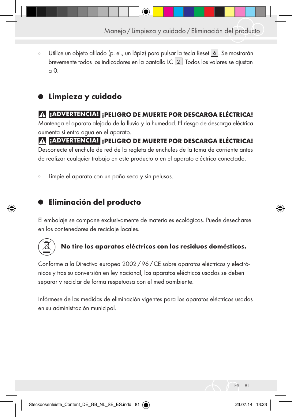 Limpieza y cuidado, Eliminación del producto | Brennenstuhl Eco-Line extension socket energy meter EM 235 5-way white 1,5m H05VV-F 3G1.5 User Manual | Page 81 / 83