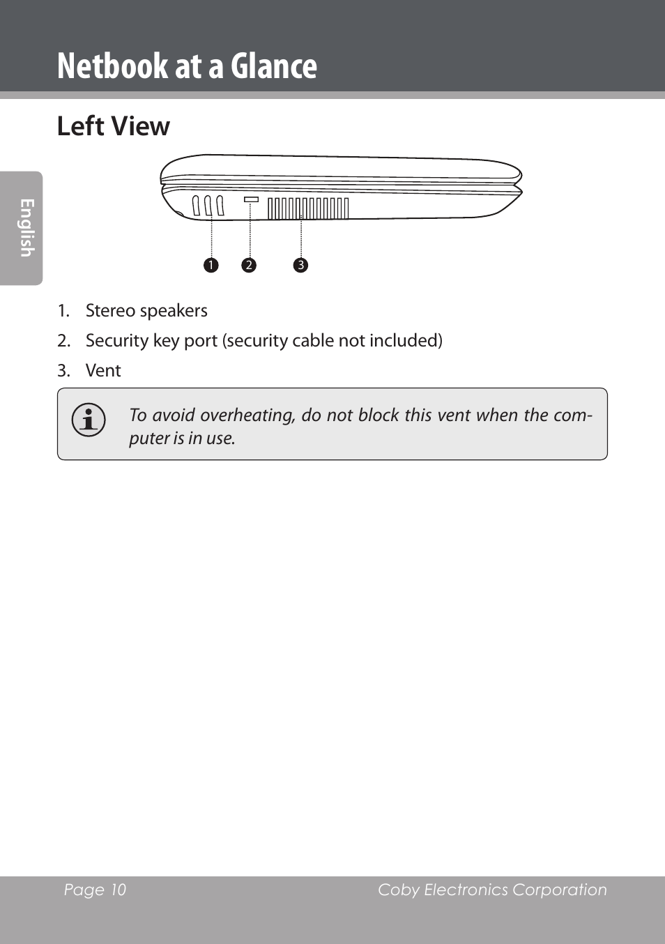Left view, Netbook at a glance | COBY electronic NBPC1022 User Manual | Page 10 / 138