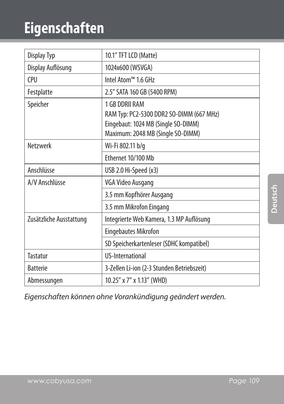 Eigenschaften | COBY electronic NBPC1022 User Manual | Page 109 / 138