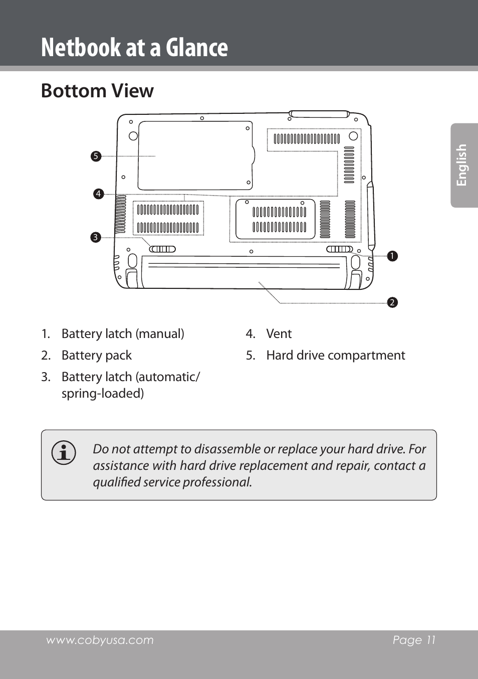 Bottom view, Netbook at a glance | COBY electronic NBPC1022 User Manual | Page 11 / 138