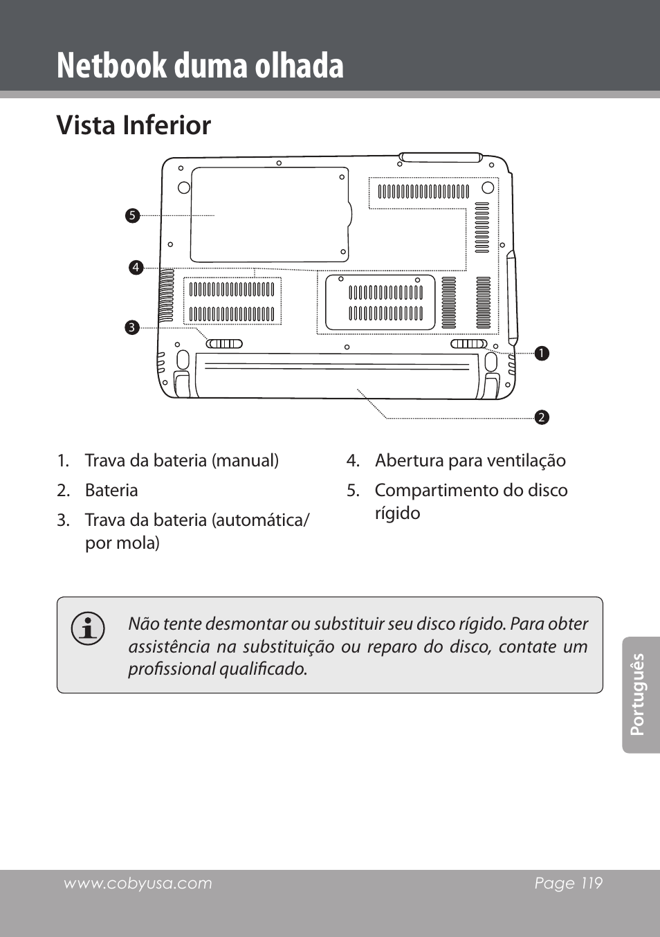 Vista inferior, Netbook duma olhada | COBY electronic NBPC1022 User Manual | Page 119 / 138