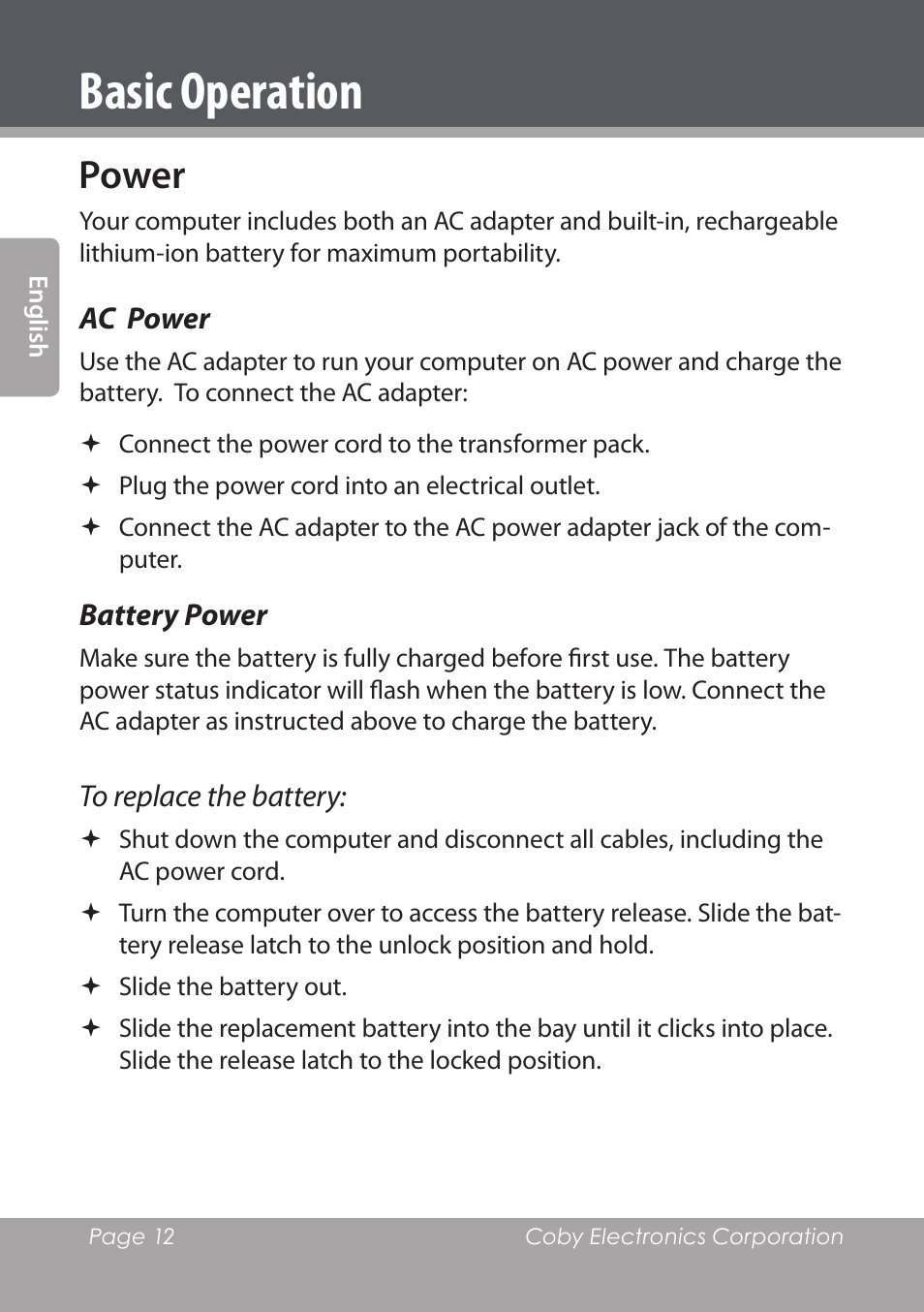 Basic operation, Power, Ac power | Battery power | COBY electronic NBPC1022 User Manual | Page 12 / 138