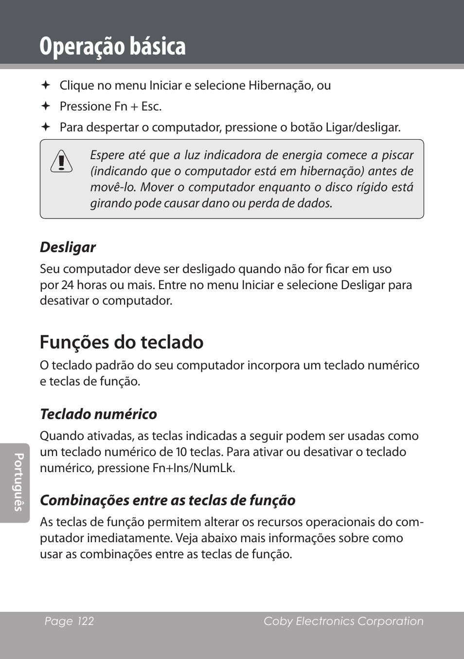 Desligar, Funções do teclado, Teclado numérico | Combinações entre as teclas de função, Operação básica | COBY electronic NBPC1022 User Manual | Page 122 / 138