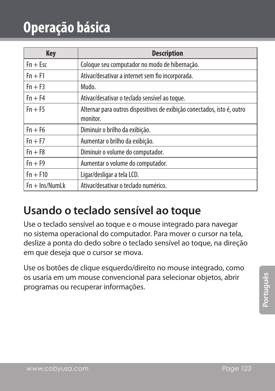 Usando o teclado sensível ao toque, Operação básica | COBY electronic NBPC1022 User Manual | Page 123 / 138