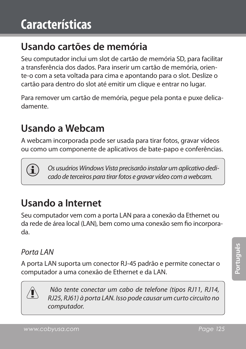 Características, Usando cartões de memória, Usando a webcam | Usando a internet | COBY electronic NBPC1022 User Manual | Page 125 / 138