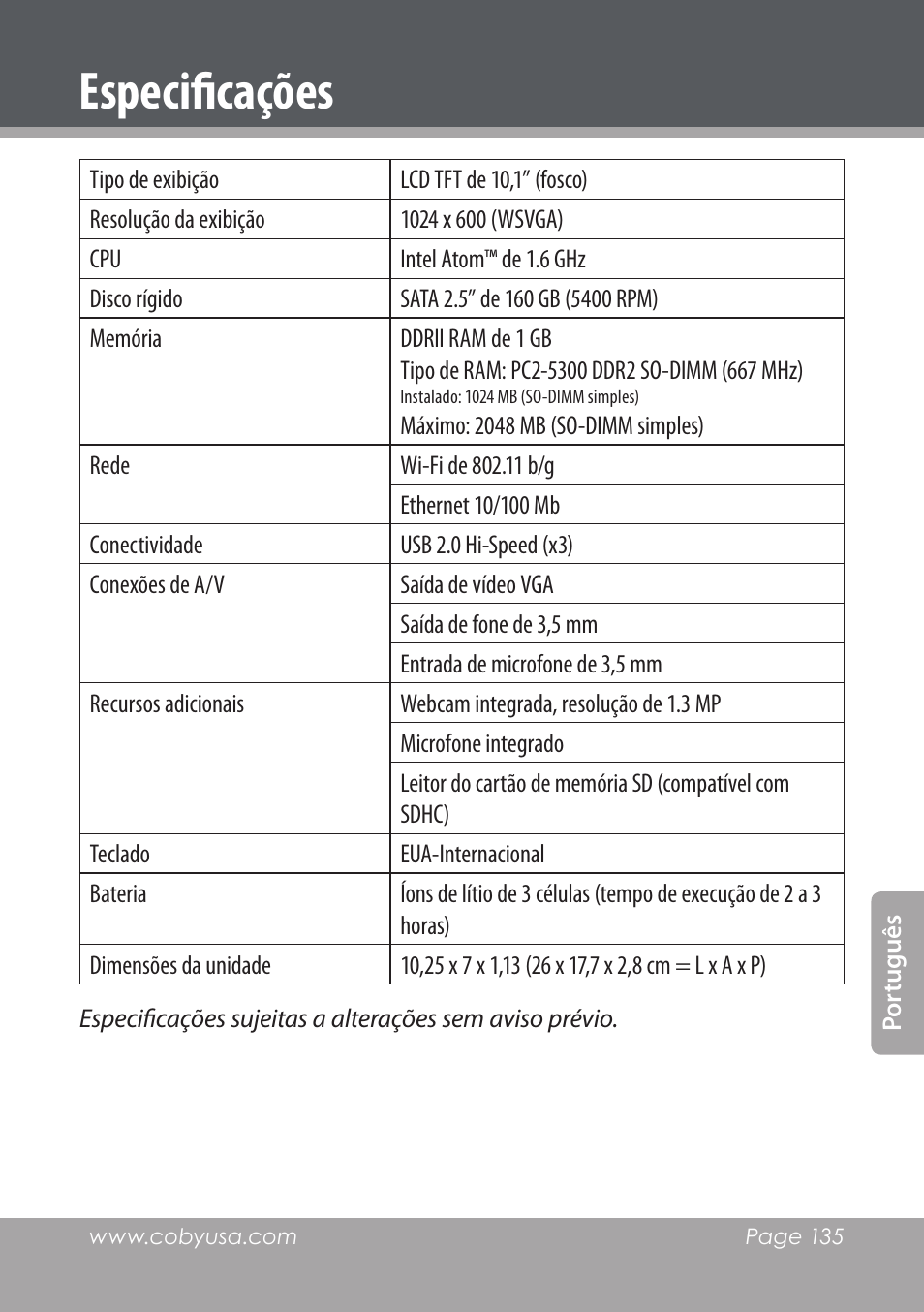 Especificações | COBY electronic NBPC1022 User Manual | Page 135 / 138