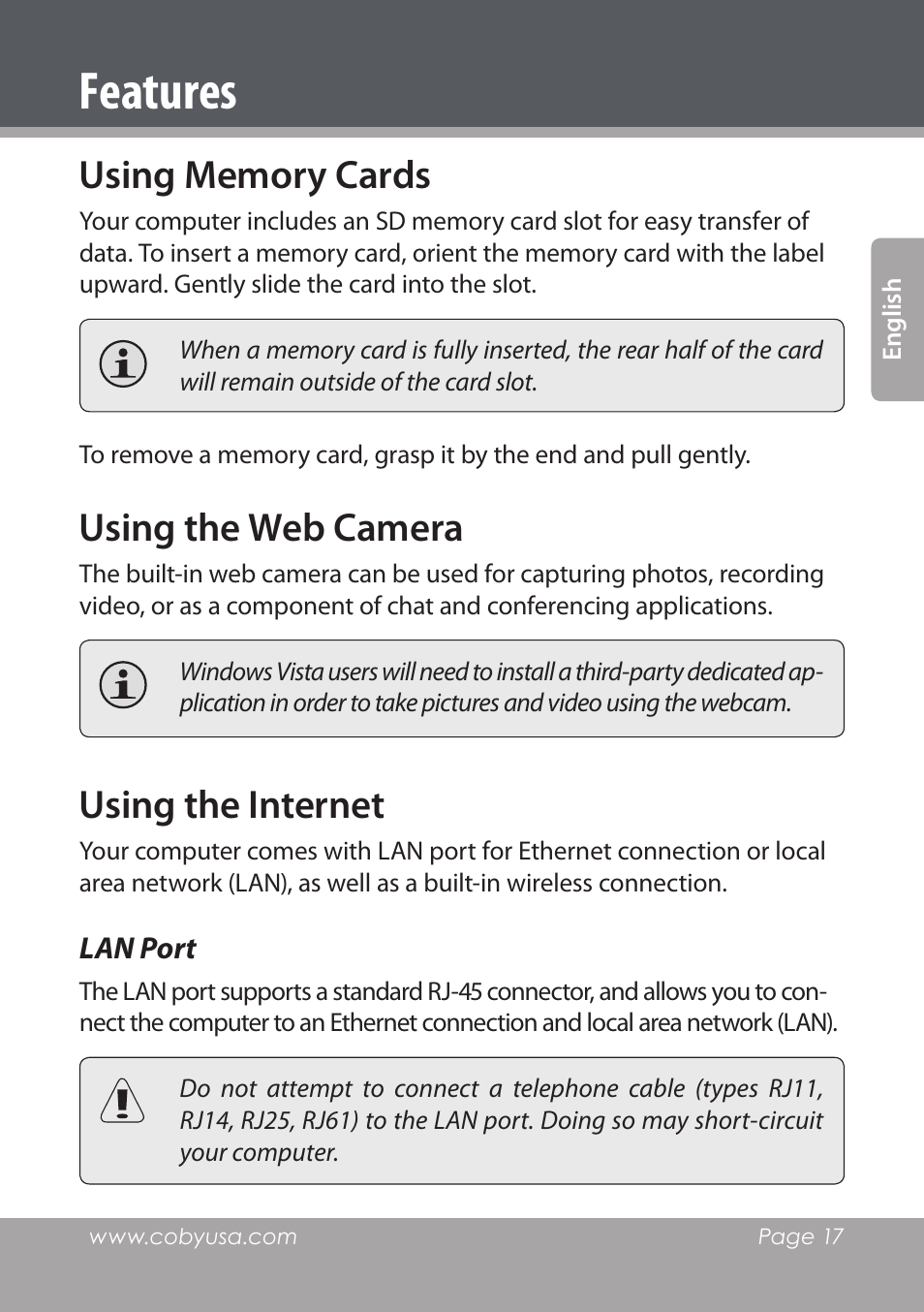 Features, Using memory cards, Using the web camera | Using the internet, Lan port | COBY electronic NBPC1022 User Manual | Page 17 / 138