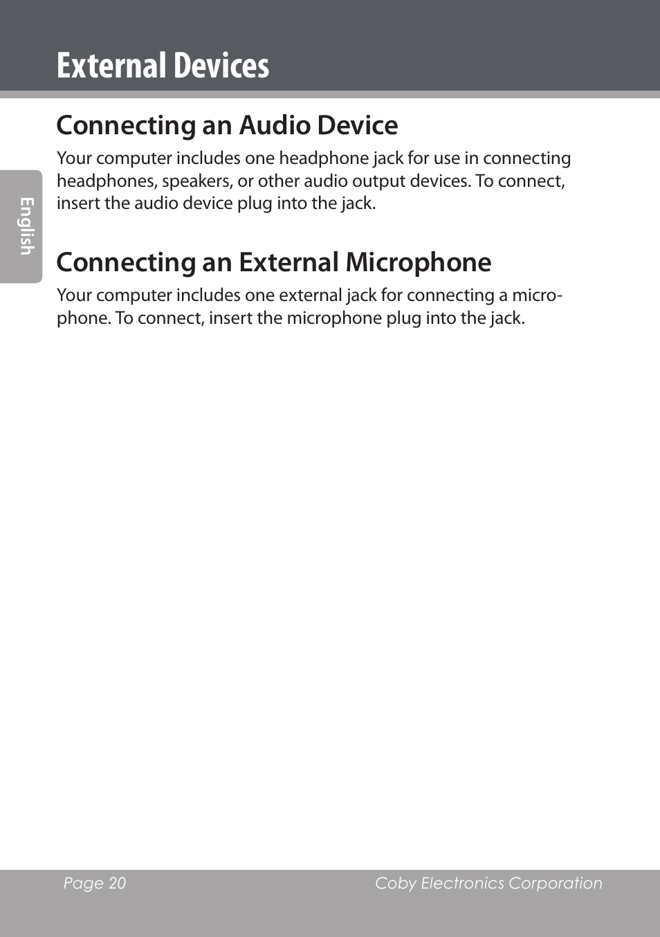 Connecting an audio device, Connecting an external microphone, External devices | COBY electronic NBPC1022 User Manual | Page 20 / 138