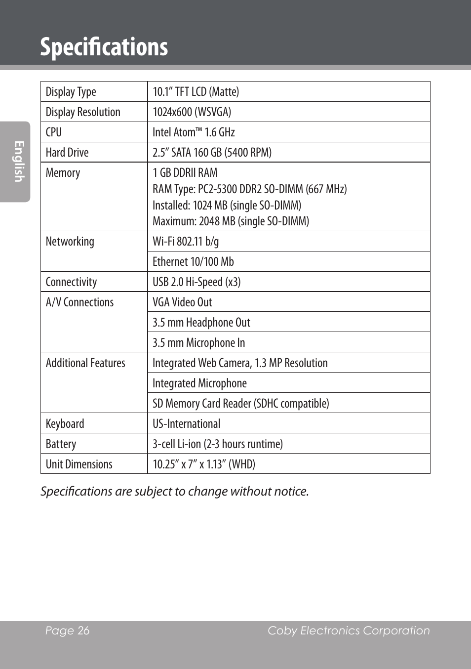 Specifications | COBY electronic NBPC1022 User Manual | Page 26 / 138