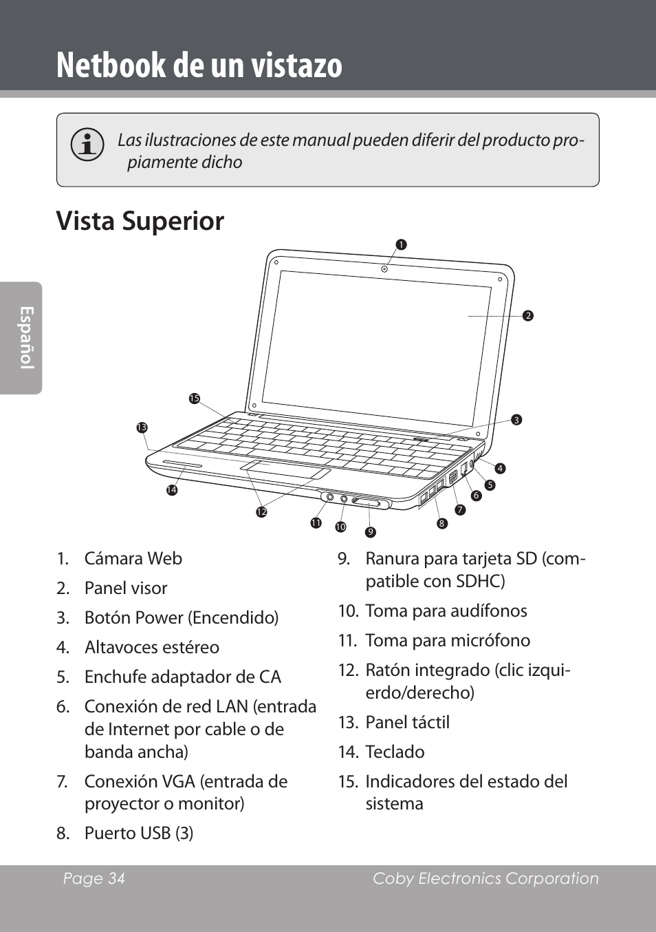 Netbook de un vistazo, Vista superior | COBY electronic NBPC1022 User Manual | Page 34 / 138
