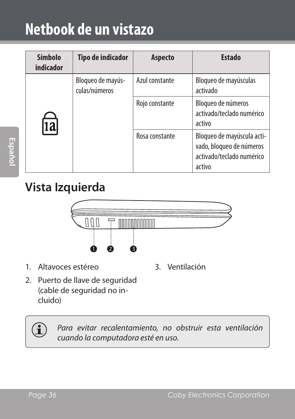 Vista izquierda, Netbook de un vistazo | COBY electronic NBPC1022 User Manual | Page 36 / 138