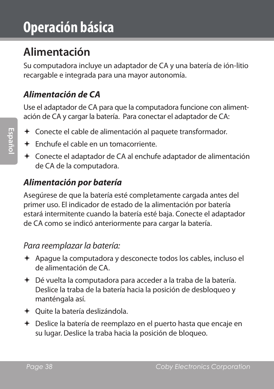 Operación básica, Alimentación, Alimentación de ca | Alimentación por batería | COBY electronic NBPC1022 User Manual | Page 38 / 138