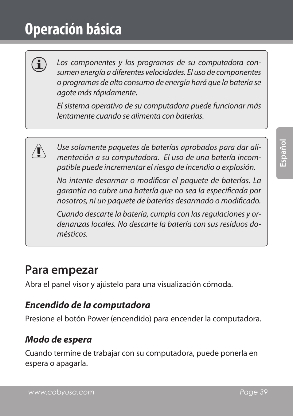 Para empezar, Encendido de la computadora, Modo de espera | Operación básica | COBY electronic NBPC1022 User Manual | Page 39 / 138