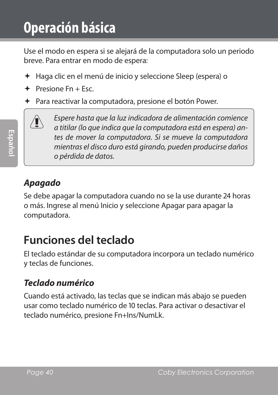 Apagado, Funciones del teclado, Teclado numérico | Operación básica | COBY electronic NBPC1022 User Manual | Page 40 / 138