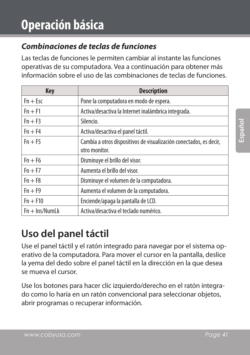 Combinaciones de teclas de funciones, Uso del panel táctil, Operación básica | COBY electronic NBPC1022 User Manual | Page 41 / 138
