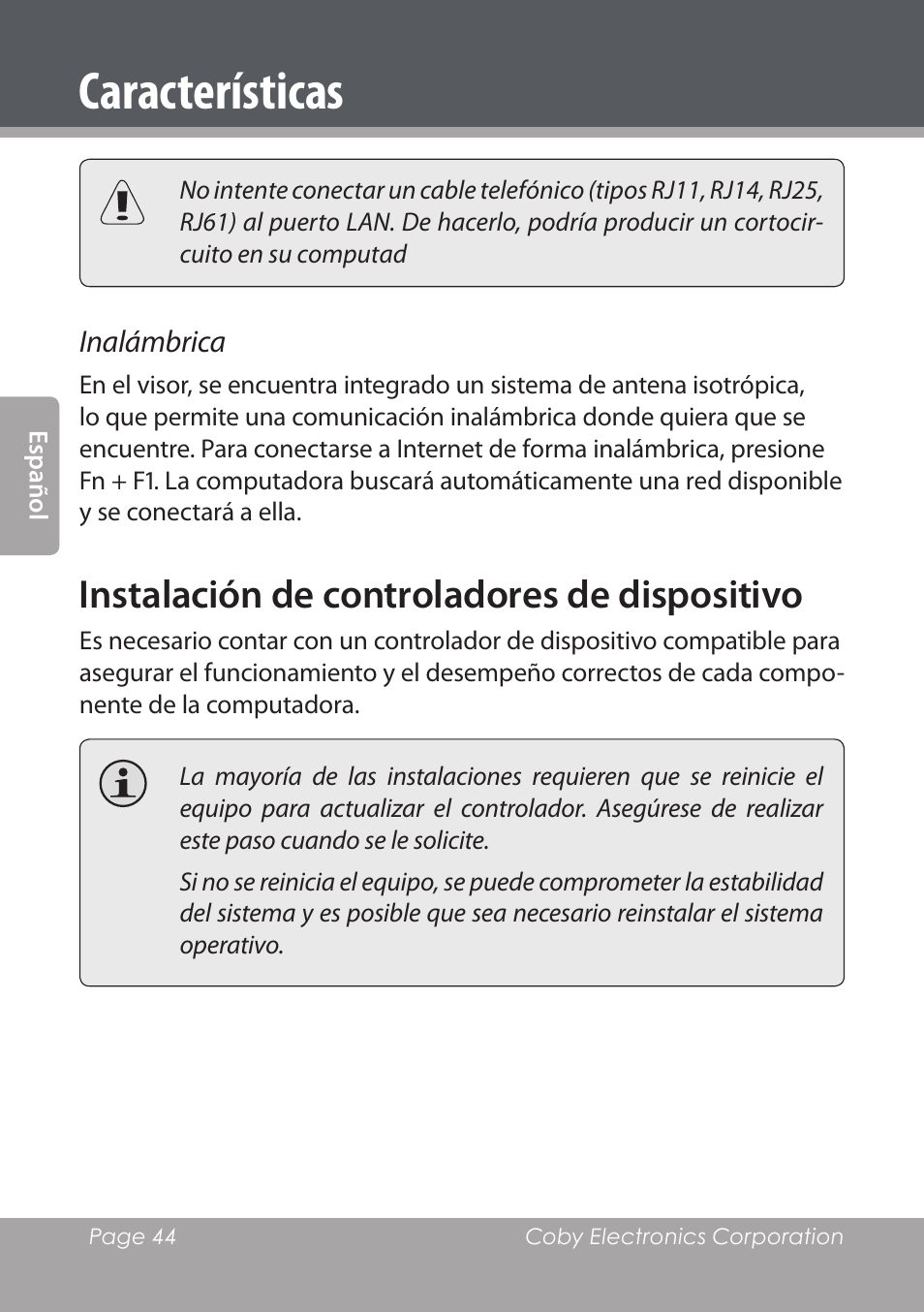 Instalación de controladores de dispositivo, Características | COBY electronic NBPC1022 User Manual | Page 44 / 138