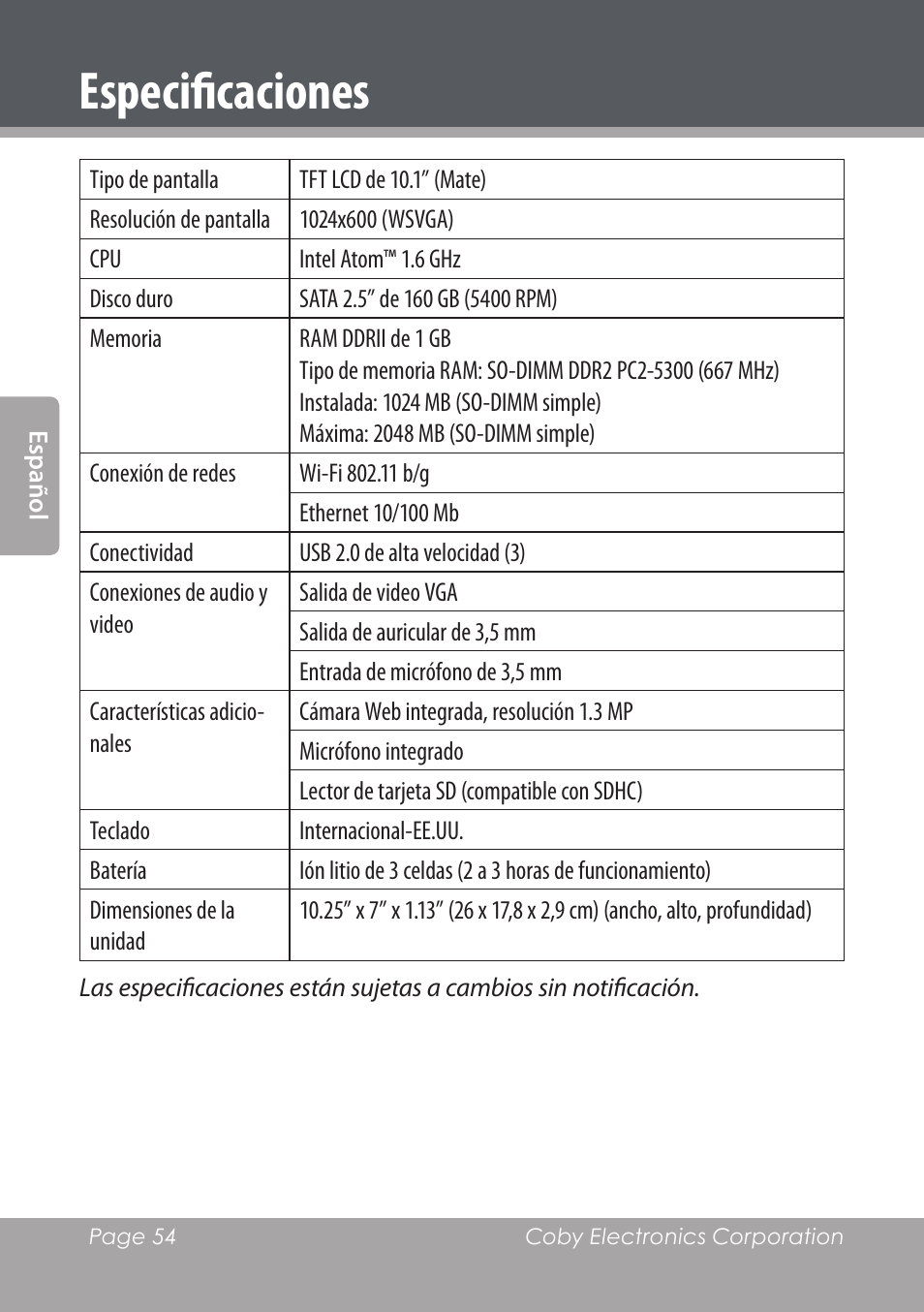 Especificaciones | COBY electronic NBPC1022 User Manual | Page 54 / 138