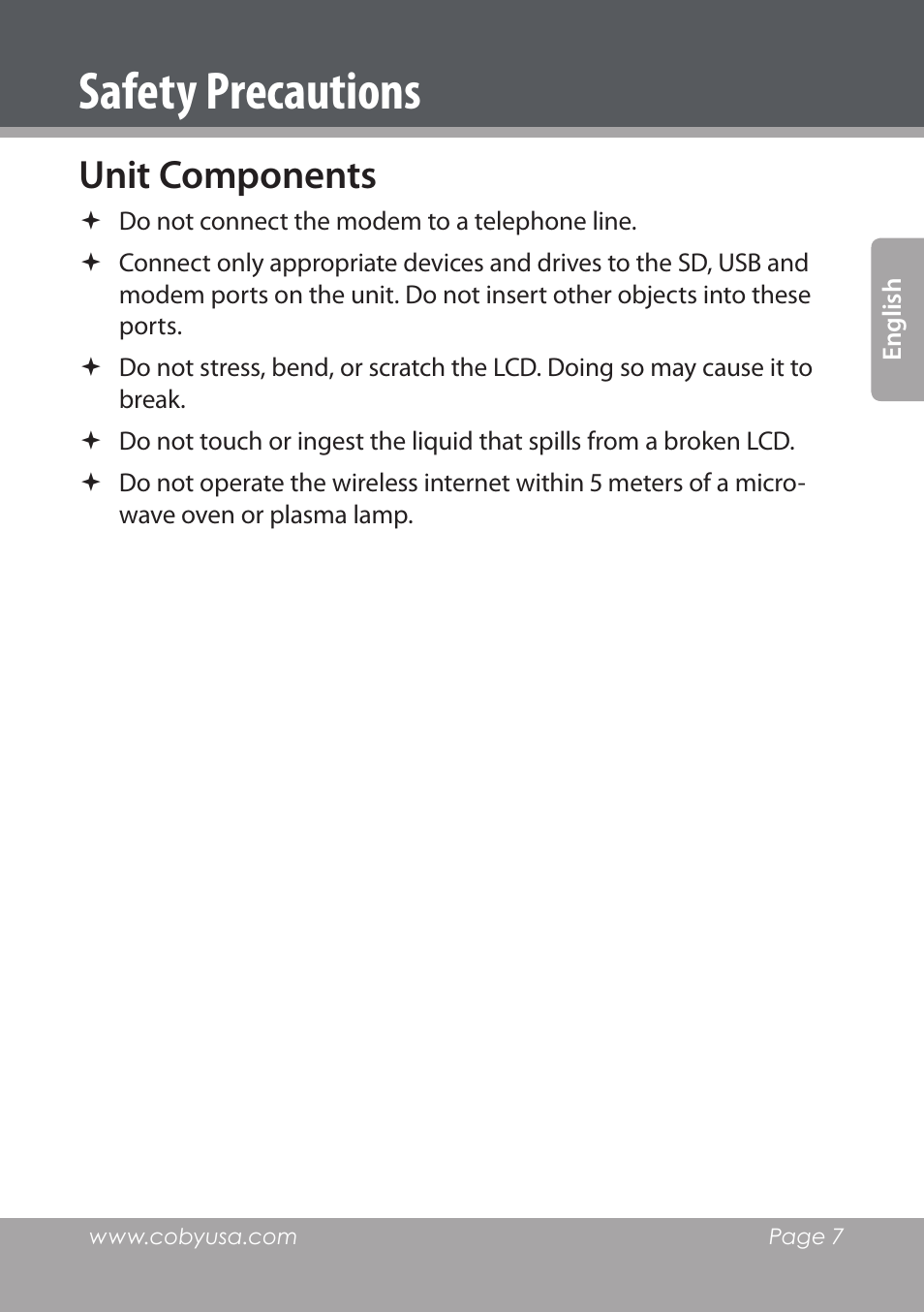 Safety precautions, Unit components | COBY electronic NBPC1022 User Manual | Page 7 / 138