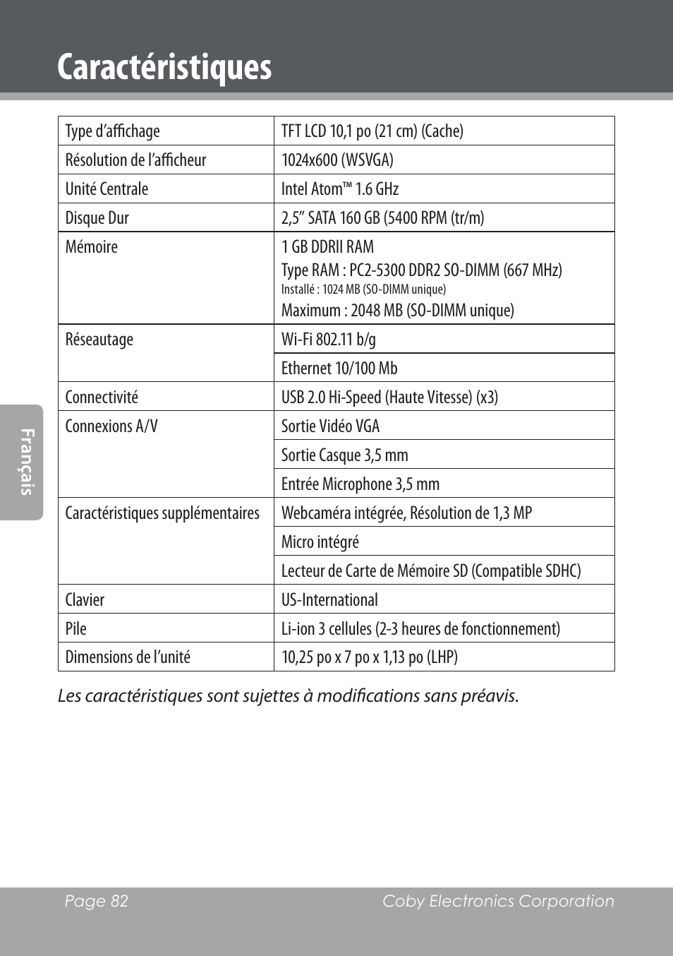 Caractéristiques | COBY electronic NBPC1022 User Manual | Page 82 / 138