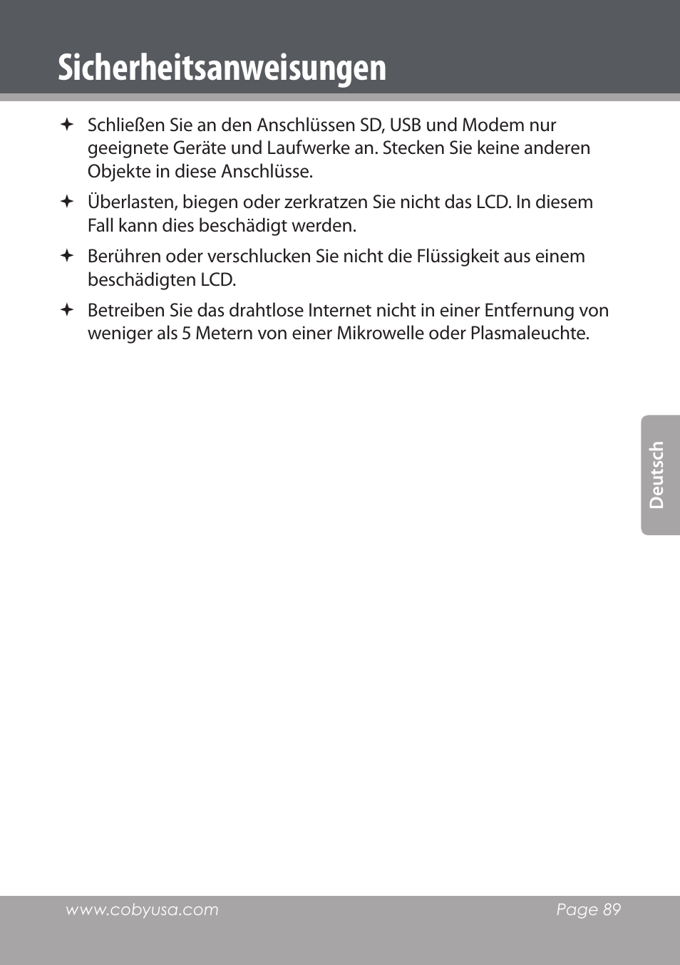 Sicherheitsanweisungen | COBY electronic NBPC1022 User Manual | Page 89 / 138