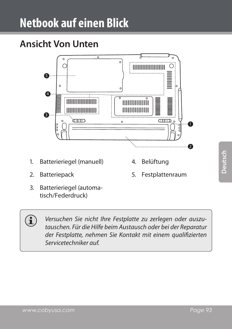 Ansicht von unten, Netbook auf einen blick | COBY electronic NBPC1022 User Manual | Page 93 / 138