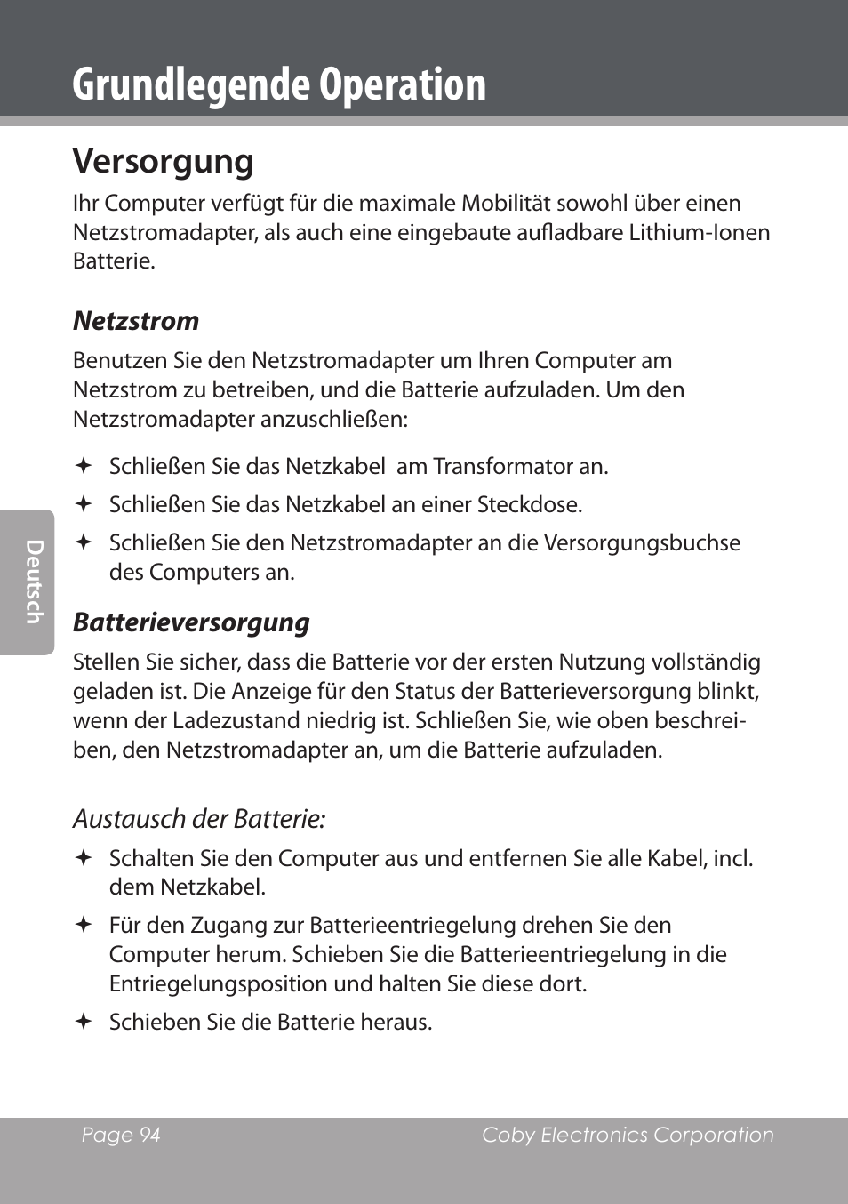 Grundlegende operation, Versorgung, Netzstrom | Batterieversorgung | COBY electronic NBPC1022 User Manual | Page 94 / 138