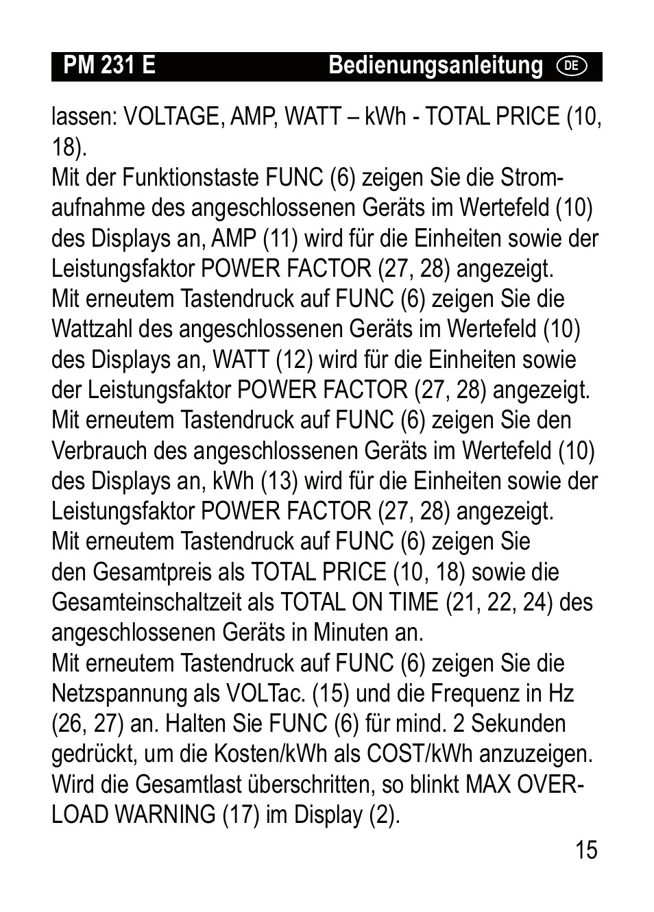 Brennenstuhl Primera-Line Wattage and current meter PM 231 E User Manual | Page 15 / 104