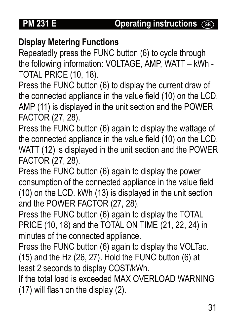 Brennenstuhl Primera-Line Wattage and current meter PM 231 E User Manual | Page 31 / 104