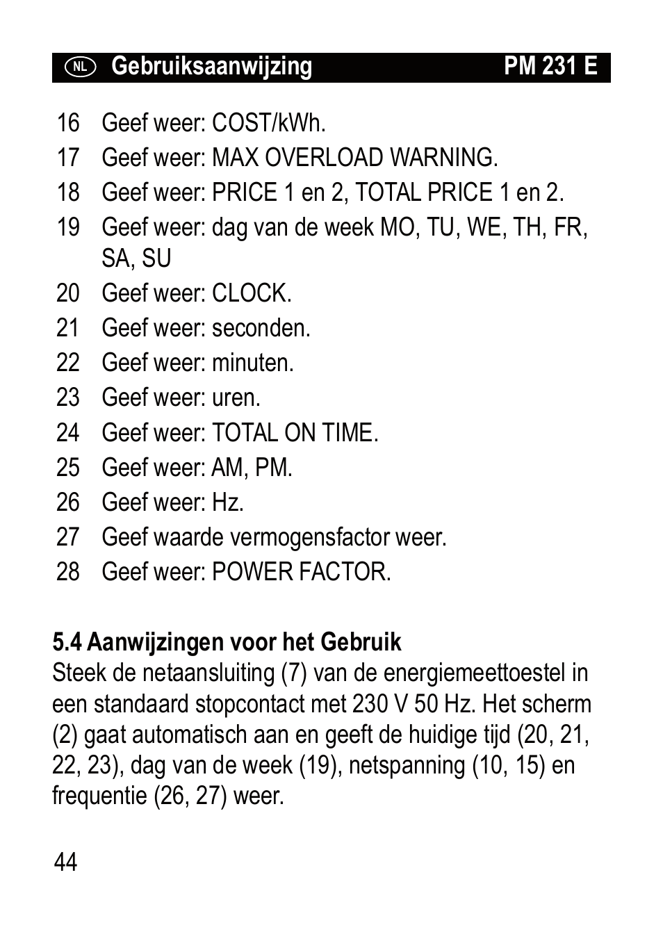 Brennenstuhl Primera-Line Wattage and current meter PM 231 E User Manual | Page 44 / 104