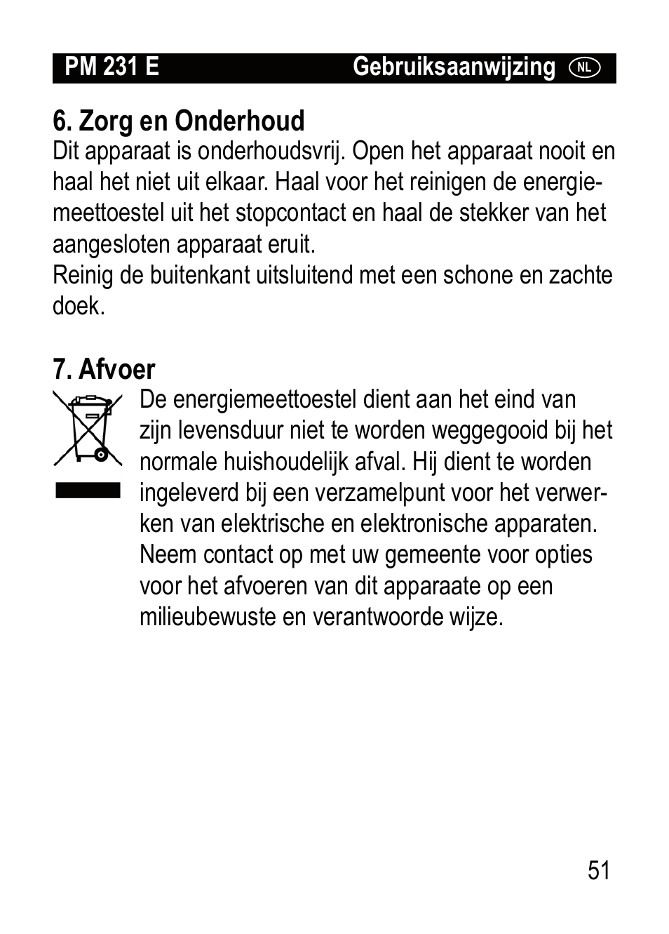 Zorg en onderhoud, Afvoer | Brennenstuhl Primera-Line Wattage and current meter PM 231 E User Manual | Page 51 / 104