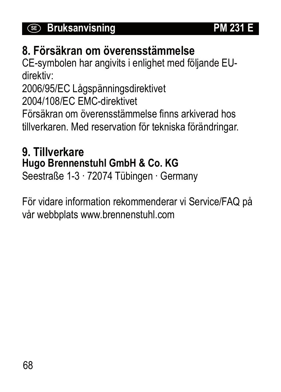 Försäkran om överensstämmelse, Tillverkare | Brennenstuhl Primera-Line Wattage and current meter PM 231 E User Manual | Page 68 / 104