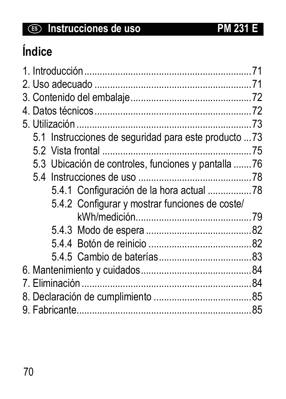 Índice | Brennenstuhl Primera-Line Wattage and current meter PM 231 E User Manual | Page 70 / 104