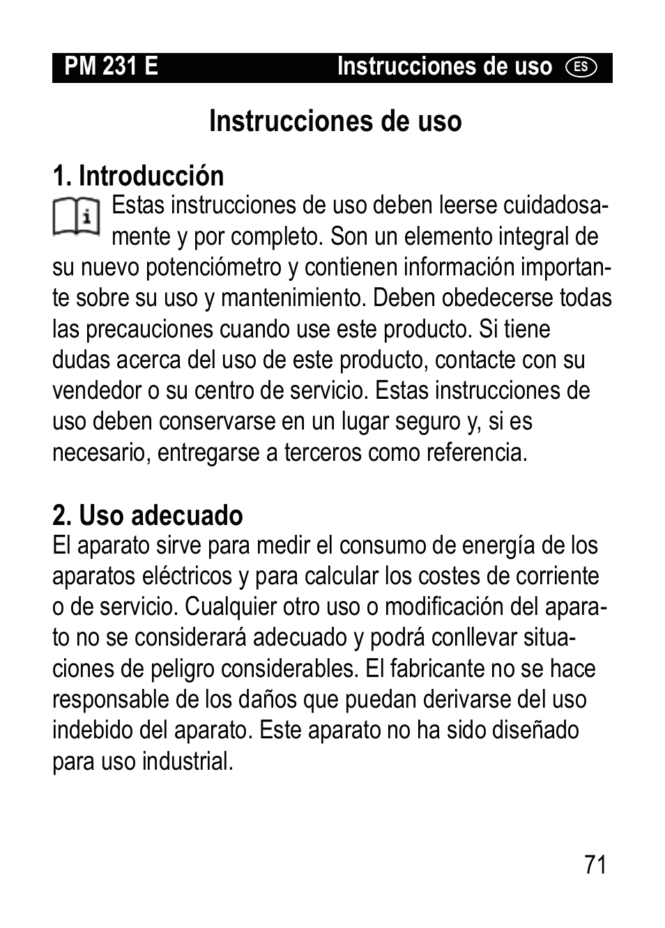 Instrucciones de uso | Brennenstuhl Primera-Line Wattage and current meter PM 231 E User Manual | Page 71 / 104