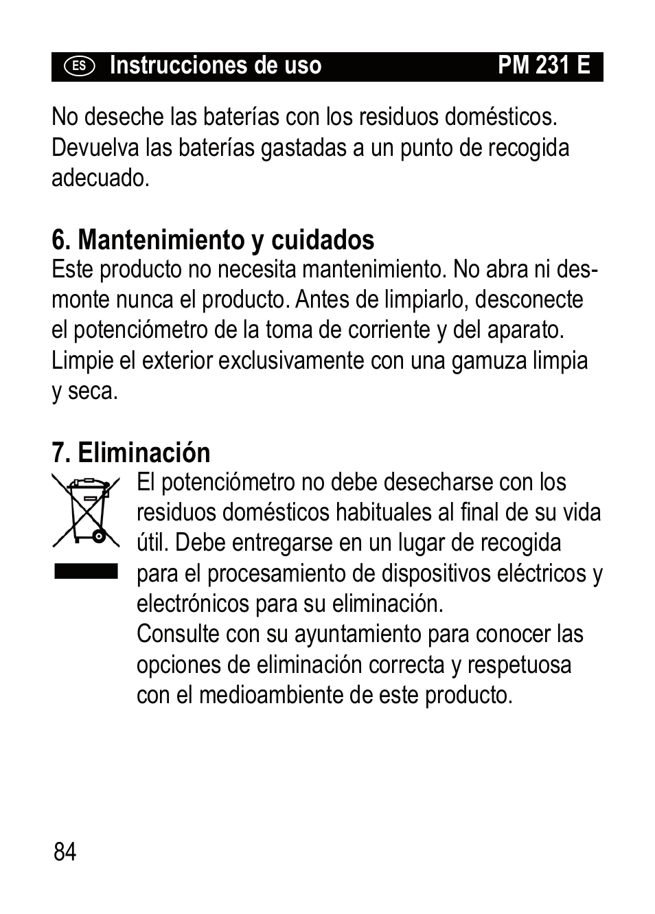 Mantenimiento y cuidados, Eliminación | Brennenstuhl Primera-Line Wattage and current meter PM 231 E User Manual | Page 84 / 104