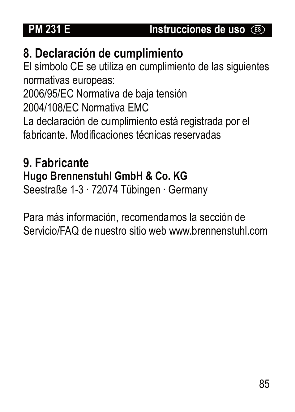 Declaración de cumplimiento, Fabricante | Brennenstuhl Primera-Line Wattage and current meter PM 231 E User Manual | Page 85 / 104