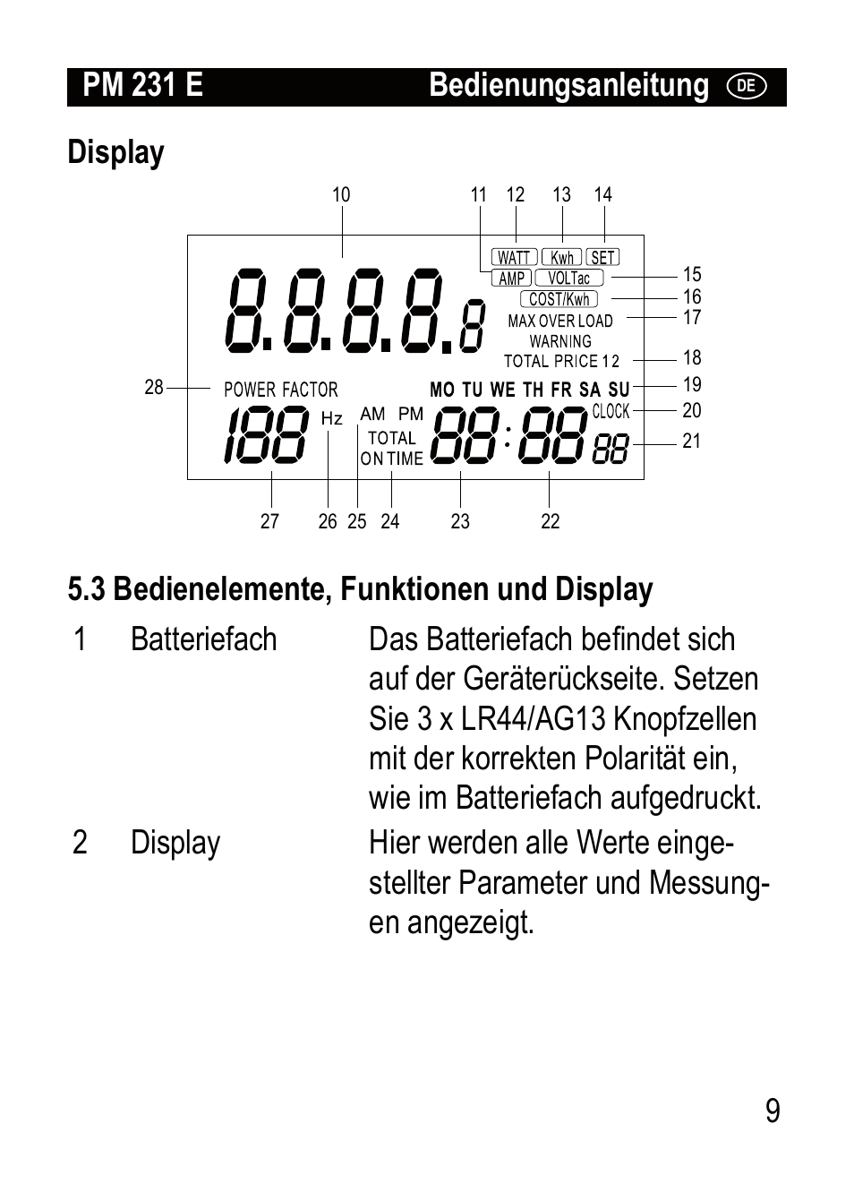 Pm 231 e bedienungsanleitung display | Brennenstuhl Primera-Line Wattage and current meter PM 231 E User Manual | Page 9 / 104
