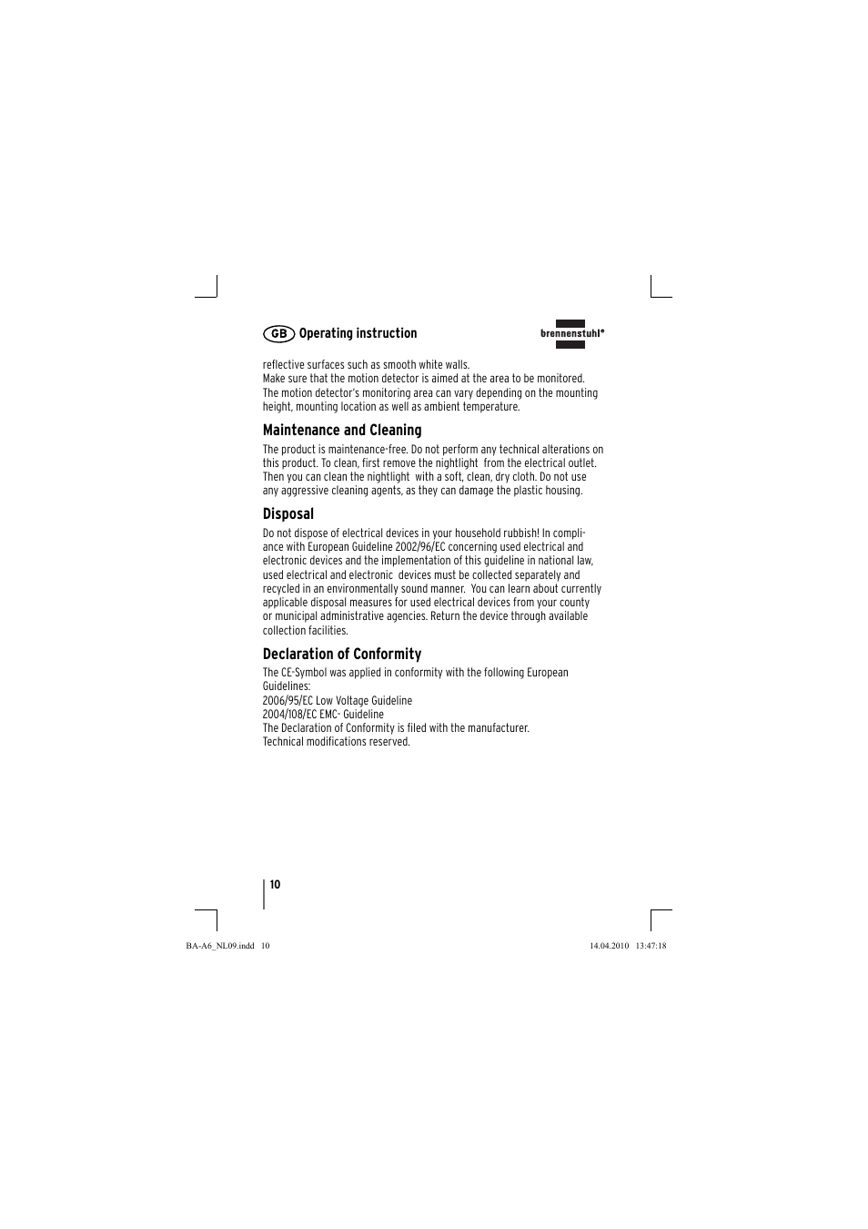 Maintenance and cleaning, Disposal, Declaration of conformity | Brennenstuhl Primera-Line Nightlight NL LED with PIR sensor and twilight sensor User Manual | Page 10 / 48