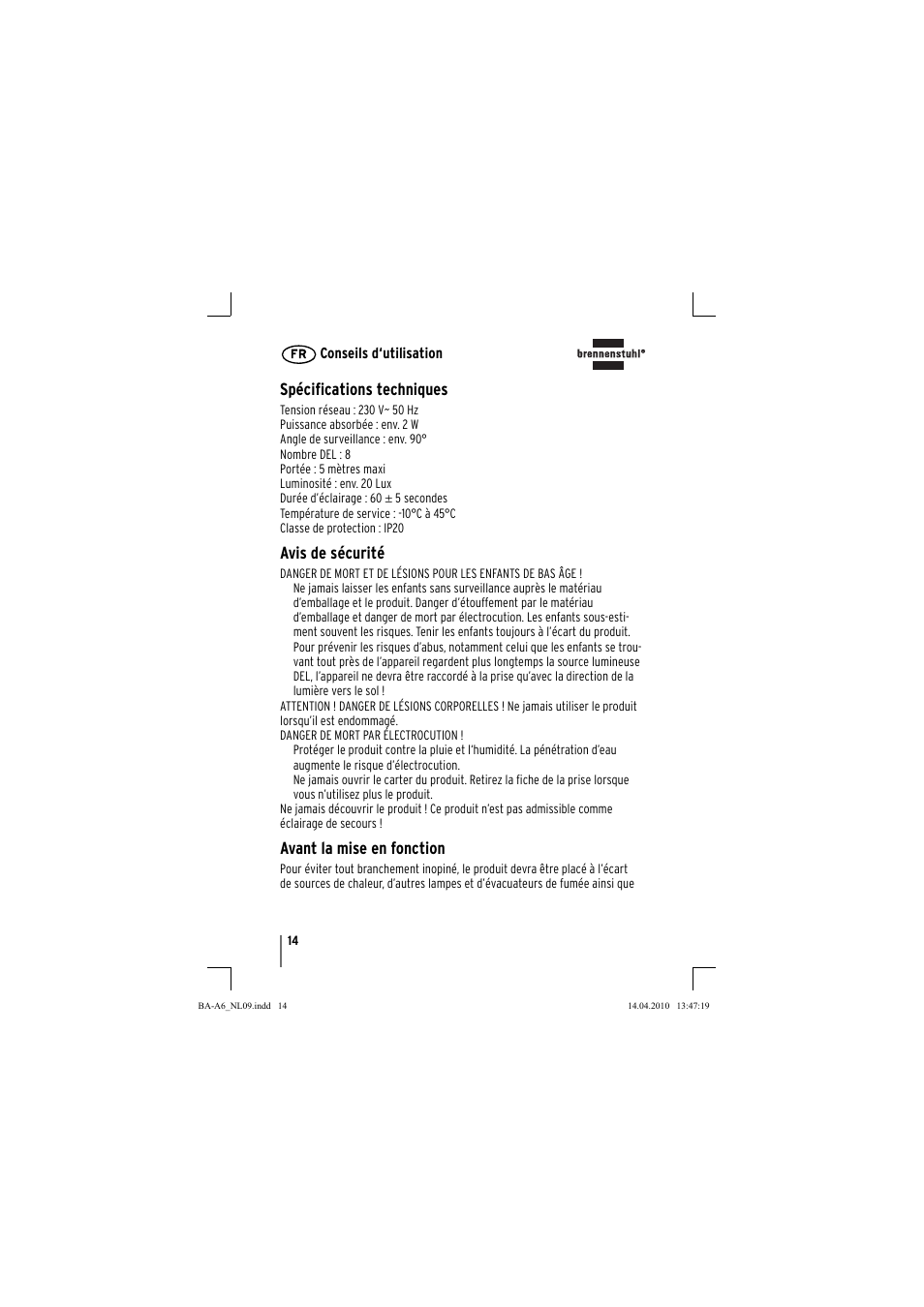 Spécifi cations techniques, Avis de sécurité, Avant la mise en fonction | Brennenstuhl Primera-Line Nightlight NL LED with PIR sensor and twilight sensor User Manual | Page 14 / 48