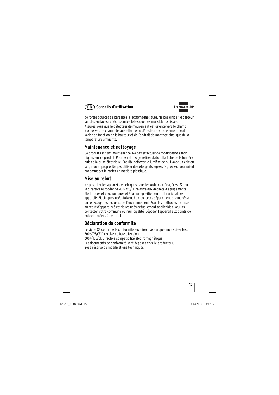 Maintenance et nettoyage, Mise au rebut, Déclaration de conformité | Brennenstuhl Primera-Line Nightlight NL LED with PIR sensor and twilight sensor User Manual | Page 15 / 48
