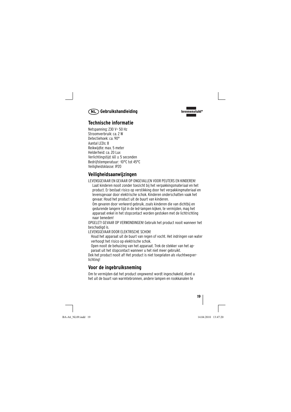 Technische informatie, Veiligheidsaanwijzingen, Voor de ingebruiksneming | Brennenstuhl Primera-Line Nightlight NL LED with PIR sensor and twilight sensor User Manual | Page 19 / 48