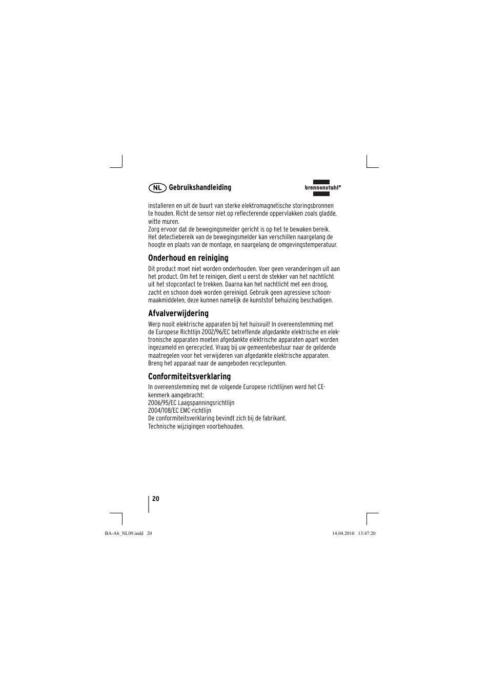 Onderhoud en reiniging, Afvalverwijdering, Conformiteitsverklaring | Brennenstuhl Primera-Line Nightlight NL LED with PIR sensor and twilight sensor User Manual | Page 20 / 48